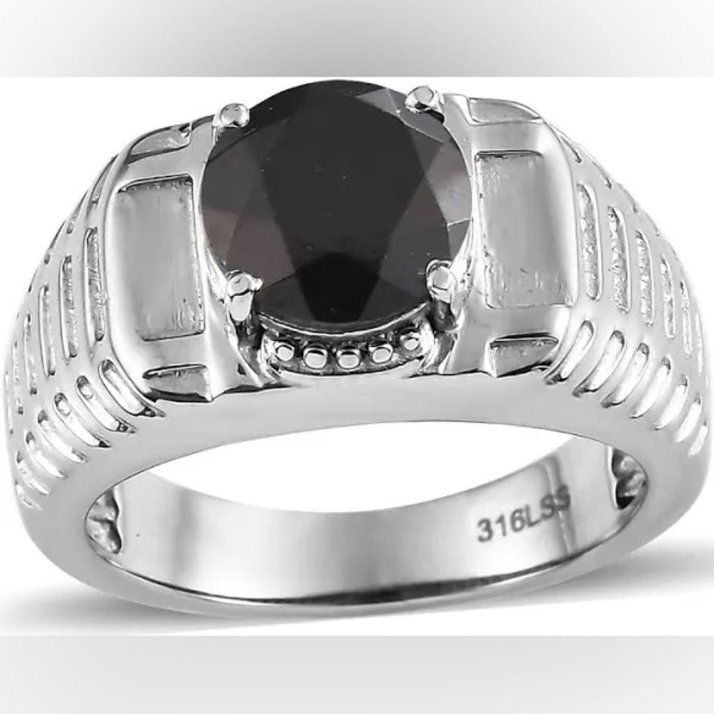 Thai Black Spinel 3.20 ctw Men's Ring in Stainless Steel NWT - Picture 1 of 11